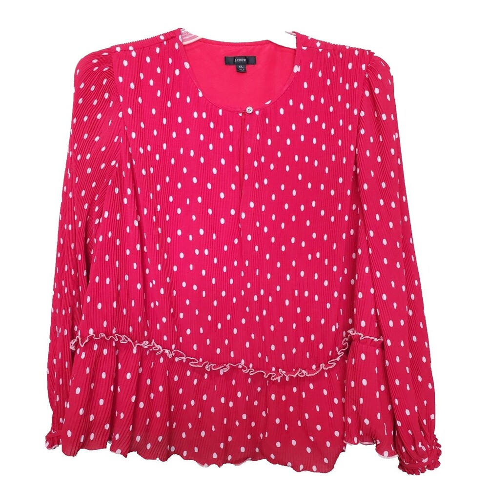 J.CREW Ruffle Trim Pleated Peplum Keyhole Neck Red Polka Dot Top Size XL